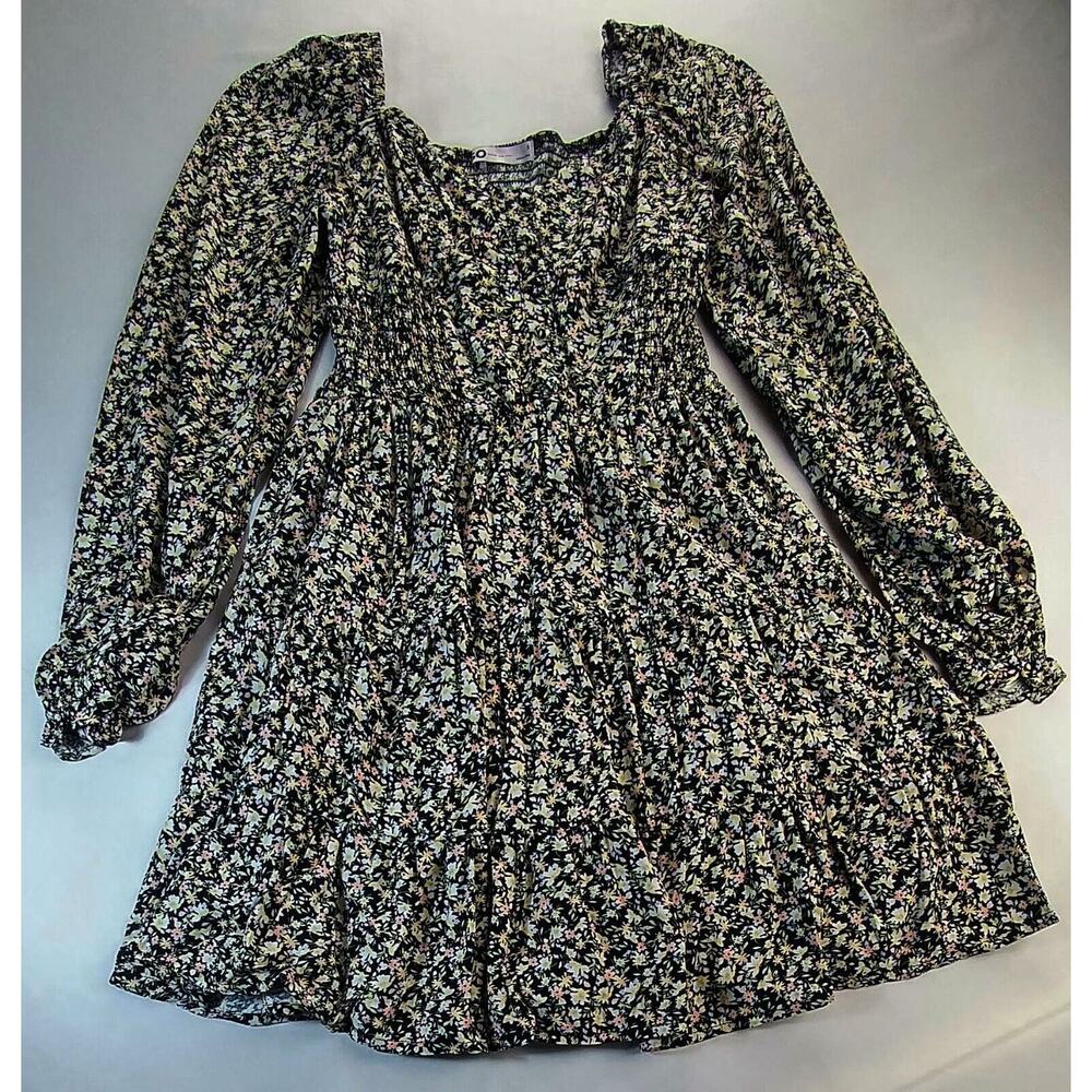 So Goods For Life Smock Dress Black Floral Ruffled Sleeve Women's Small  NWT